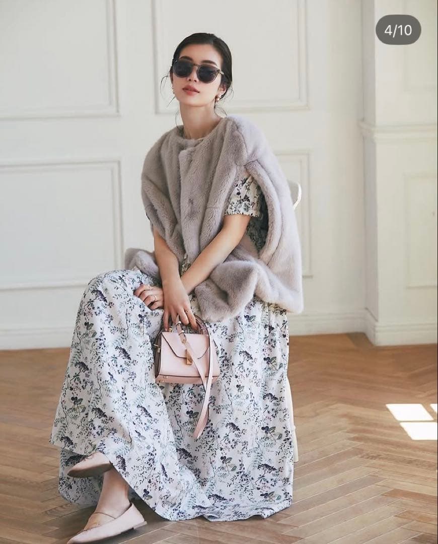 Seventenセブンテン【木の実柄プリントマキシワンピース/グレー】