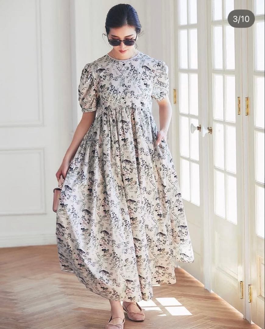 Seventenセブンテン【木の実柄プリントマキシワンピース/グレー】