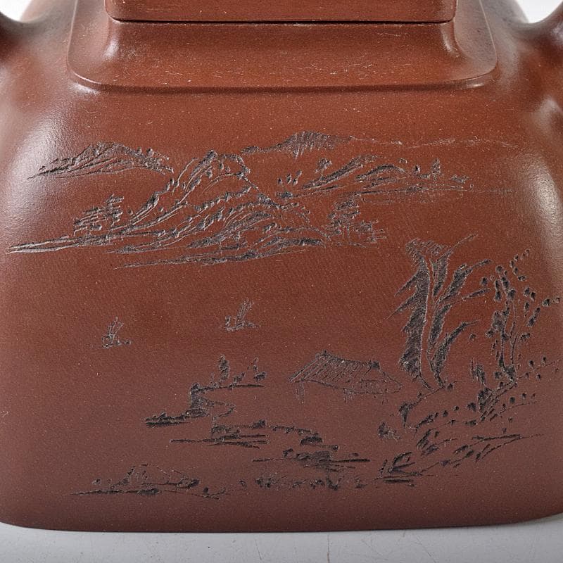 pretty　中国　紫砂朱泥　山水文　四方急須　茶壷　在銘　V　R8216