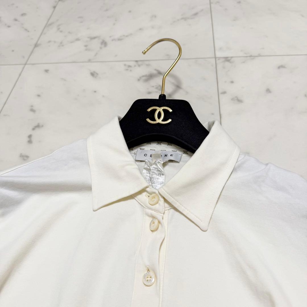 美品❤️セリーヌ　半袖　ポロシャツ　トリオンフ　刺繍　ホワイト　L マカダム柄