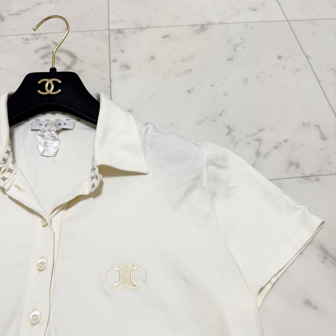 美品❤️セリーヌ　半袖　ポロシャツ　トリオンフ　刺繍　ホワイト　L マカダム柄