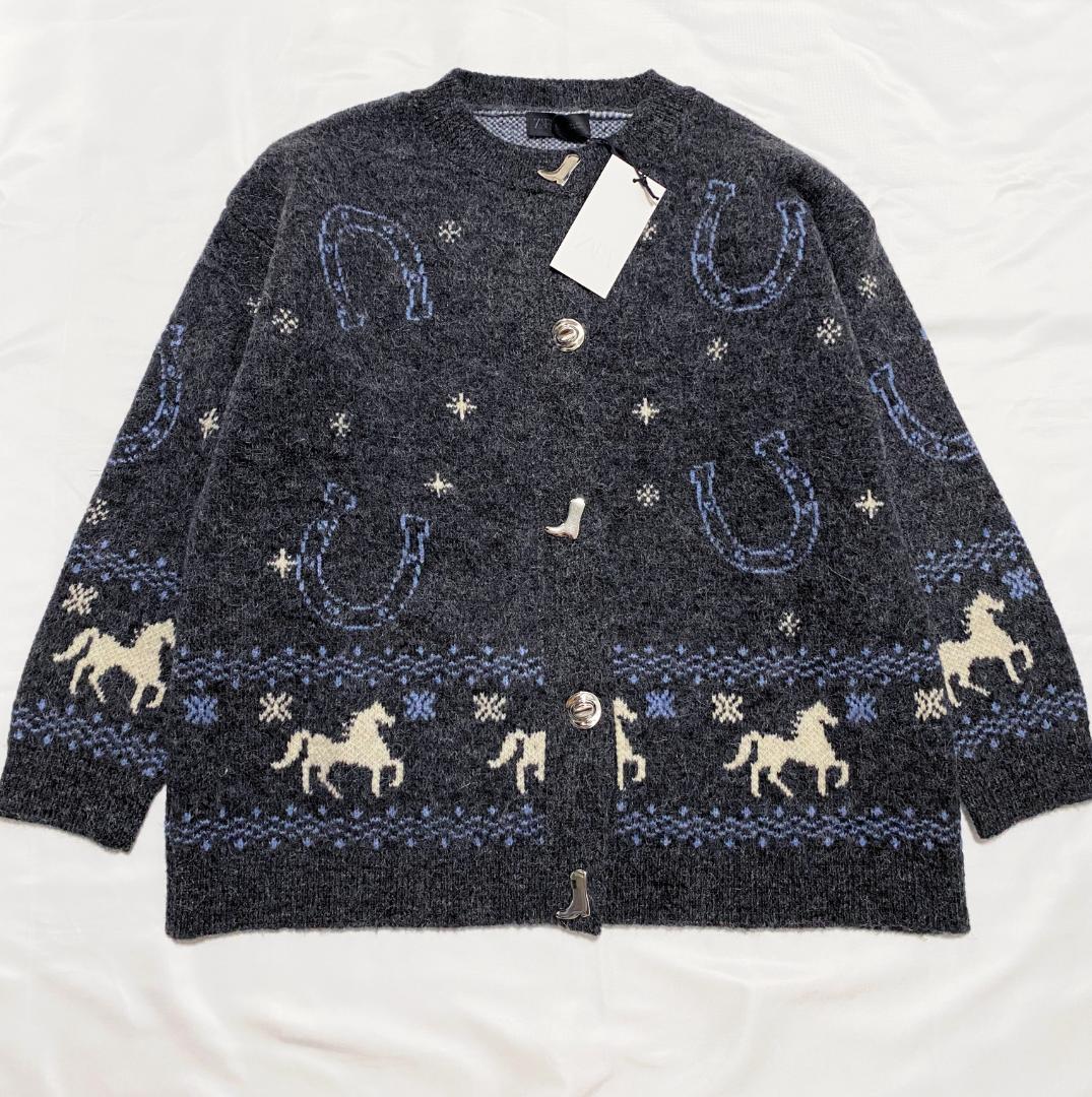 新品 【ZARA 】　ジャカードニットボタンカーディガン M