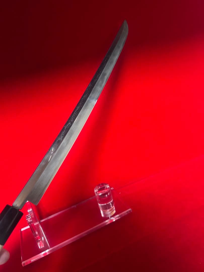 01594 包丁　先丸蛸引　尺一　玉鋼　両刃　刃文有り　墨流し　箱付　未使用品