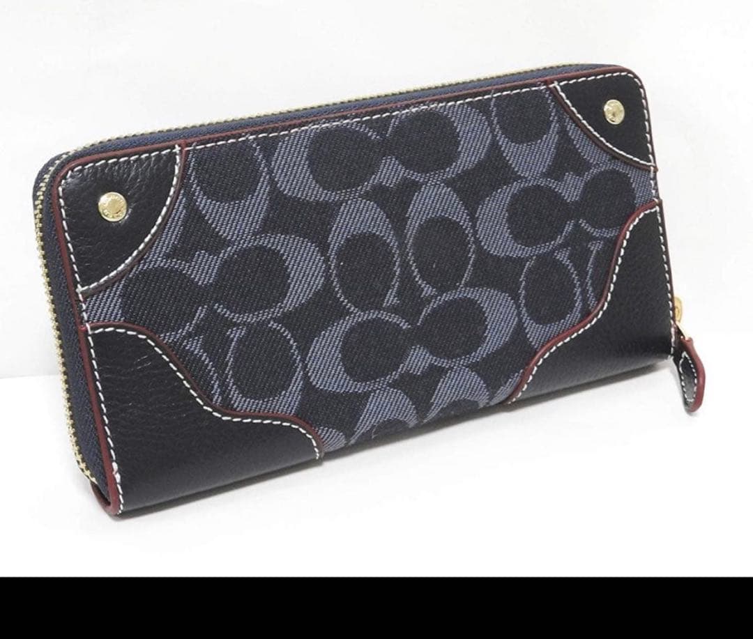 COACH コーチデニムレザー アコーディオン ジップ長財布 ミッドナイトブルー