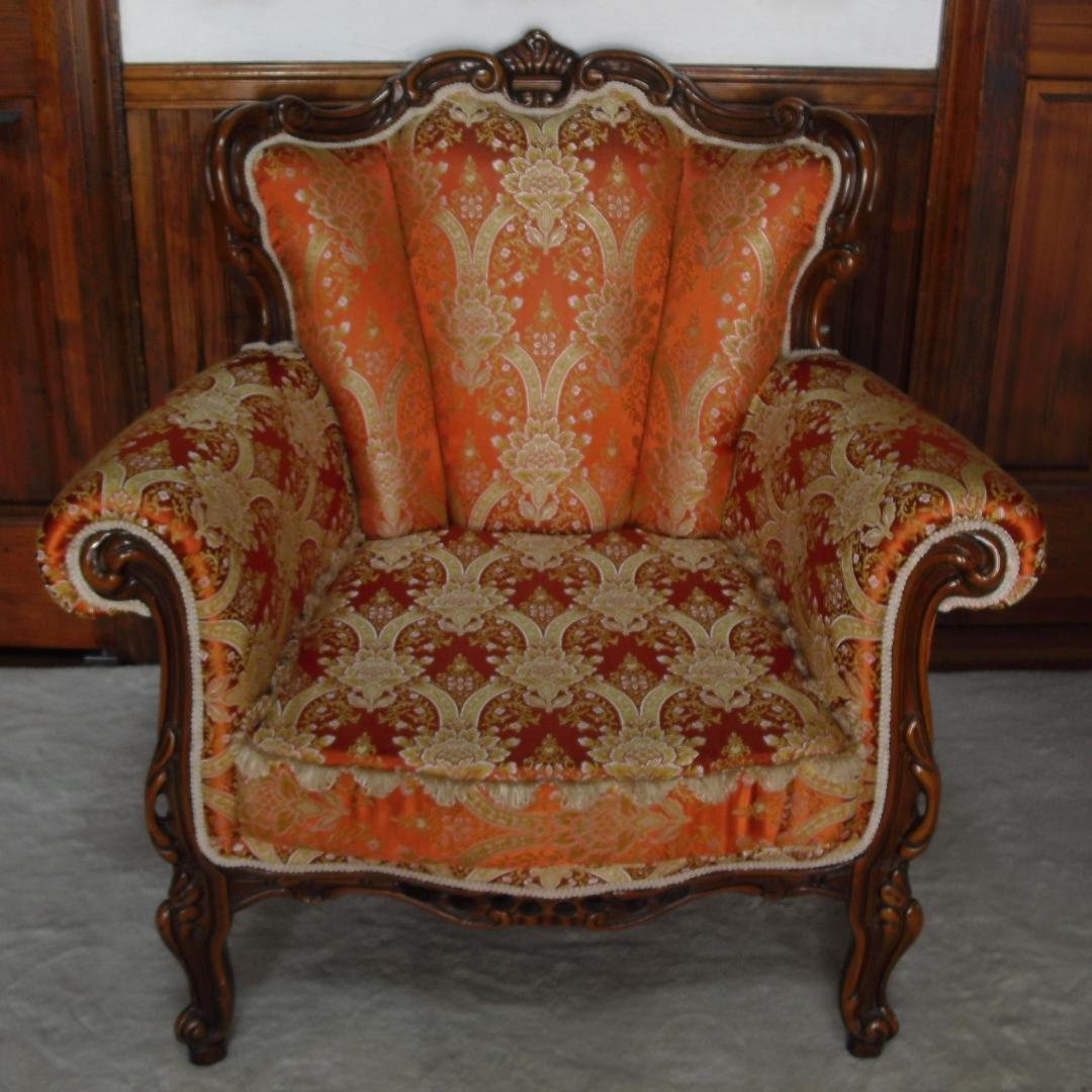 イタリア製 ロココ様式 １Pソファ☆金糸 薔薇 ダマスク柄 張替済み☆猫脚 彫刻
