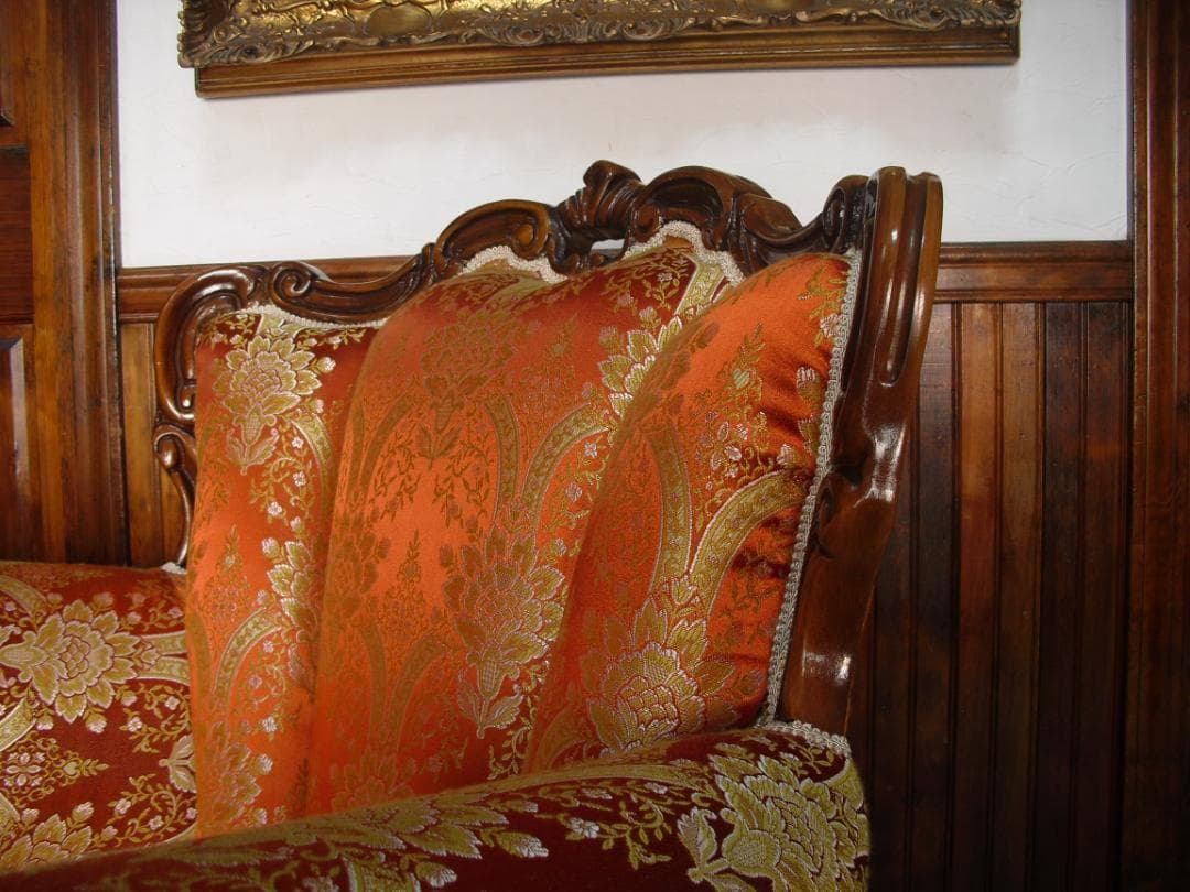 イタリア製 ロココ様式 １Pソファ☆金糸 薔薇 ダマスク柄 張替済み☆猫脚 彫刻
