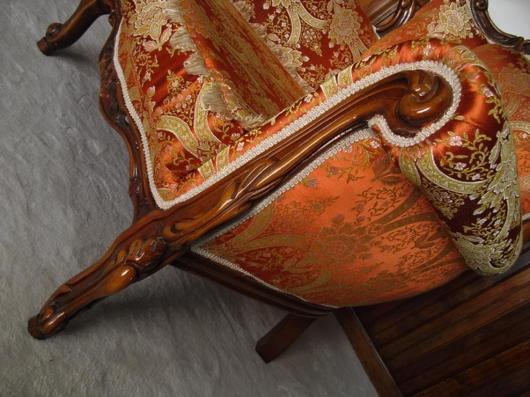 イタリア製 ロココ様式 １Pソファ☆金糸 薔薇 ダマスク柄 張替済み☆猫脚 彫刻