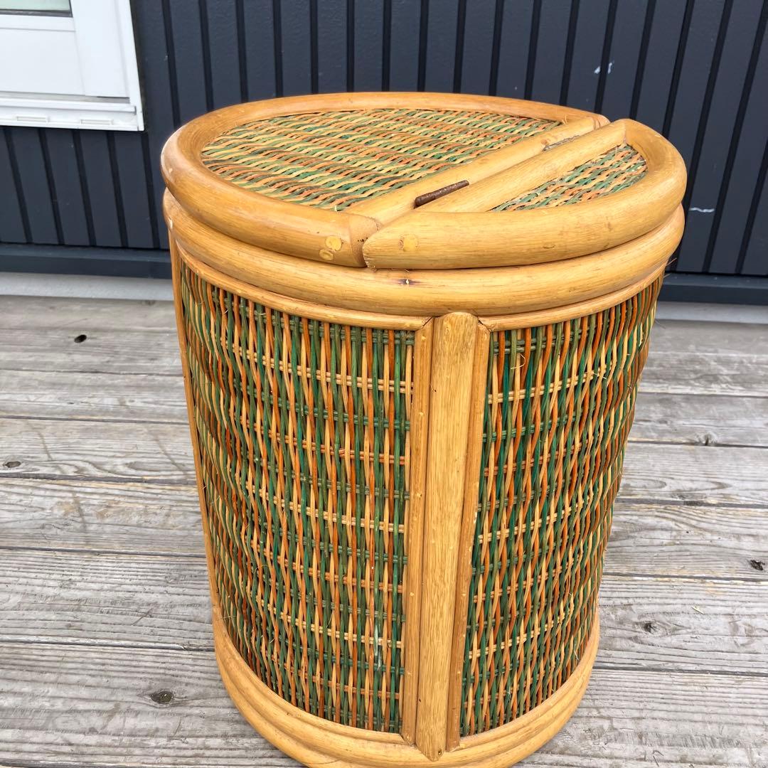 昭和レトロ ラタン 円筒形フタ付きごみ箱 円形スツール ラタンスツール 丸椅子