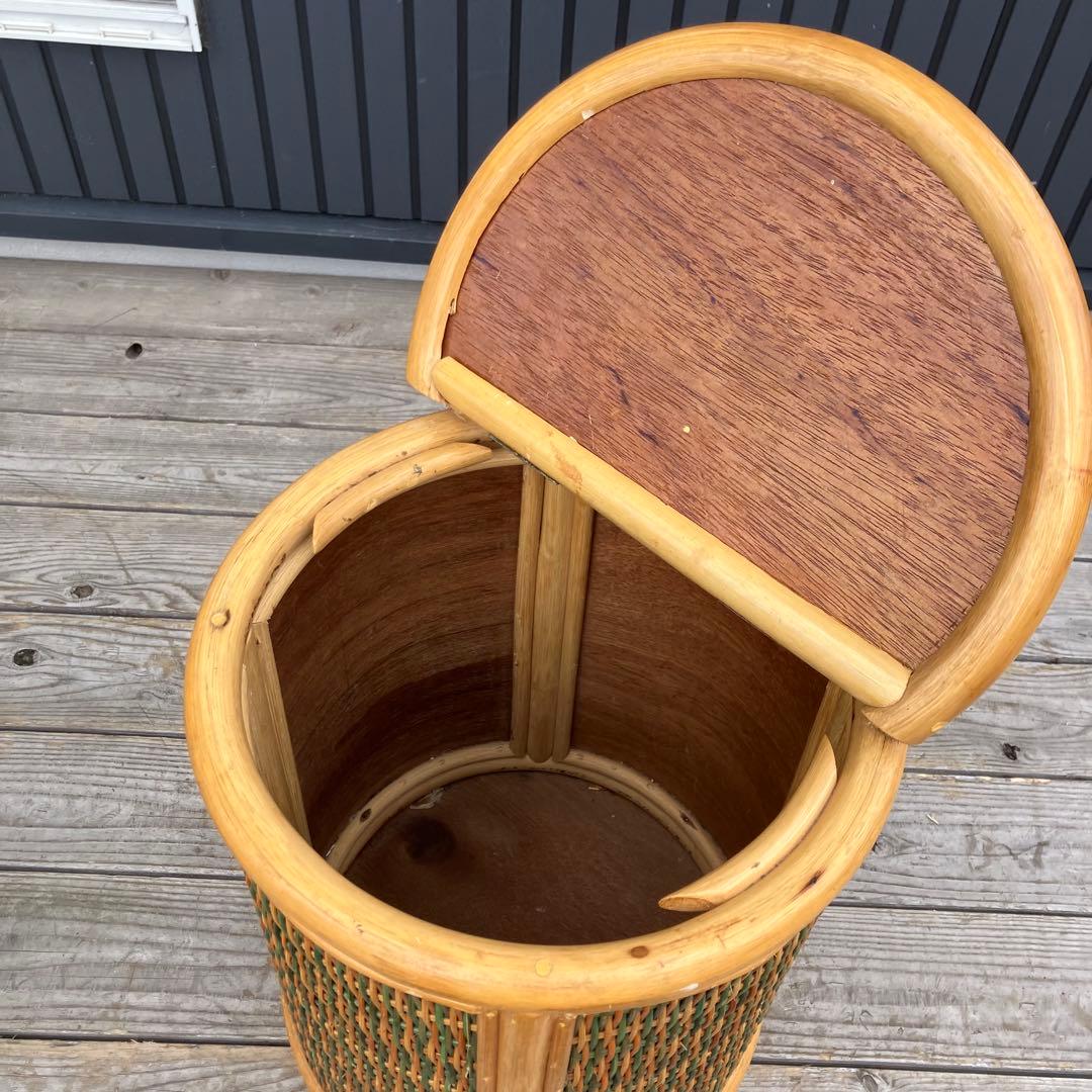 昭和レトロ ラタン 円筒形フタ付きごみ箱 円形スツール ラタンスツール 丸椅子