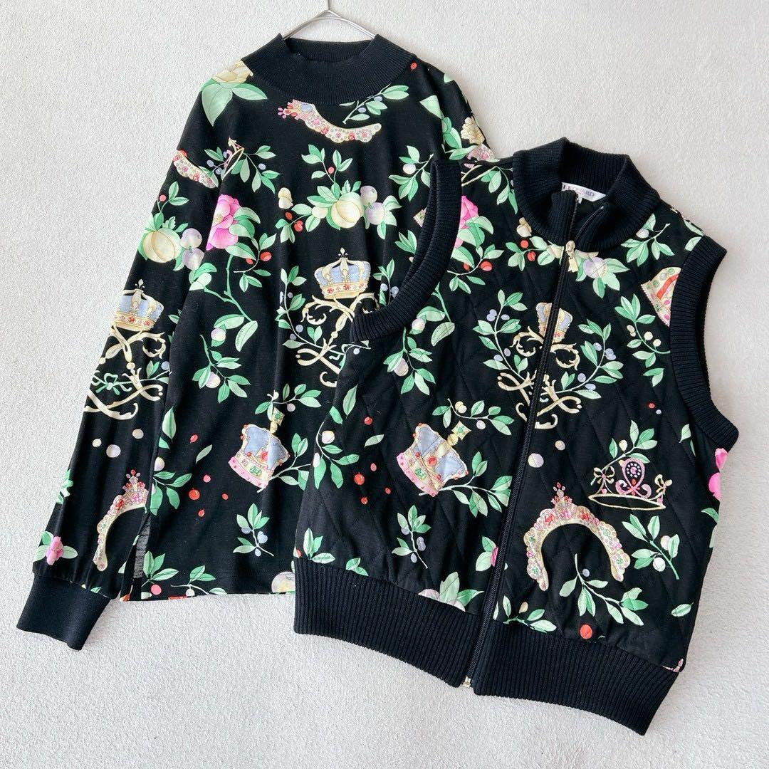 レオナール　アンサンブル　ニット　ウールベスト　キルティング　花柄　黒　M L