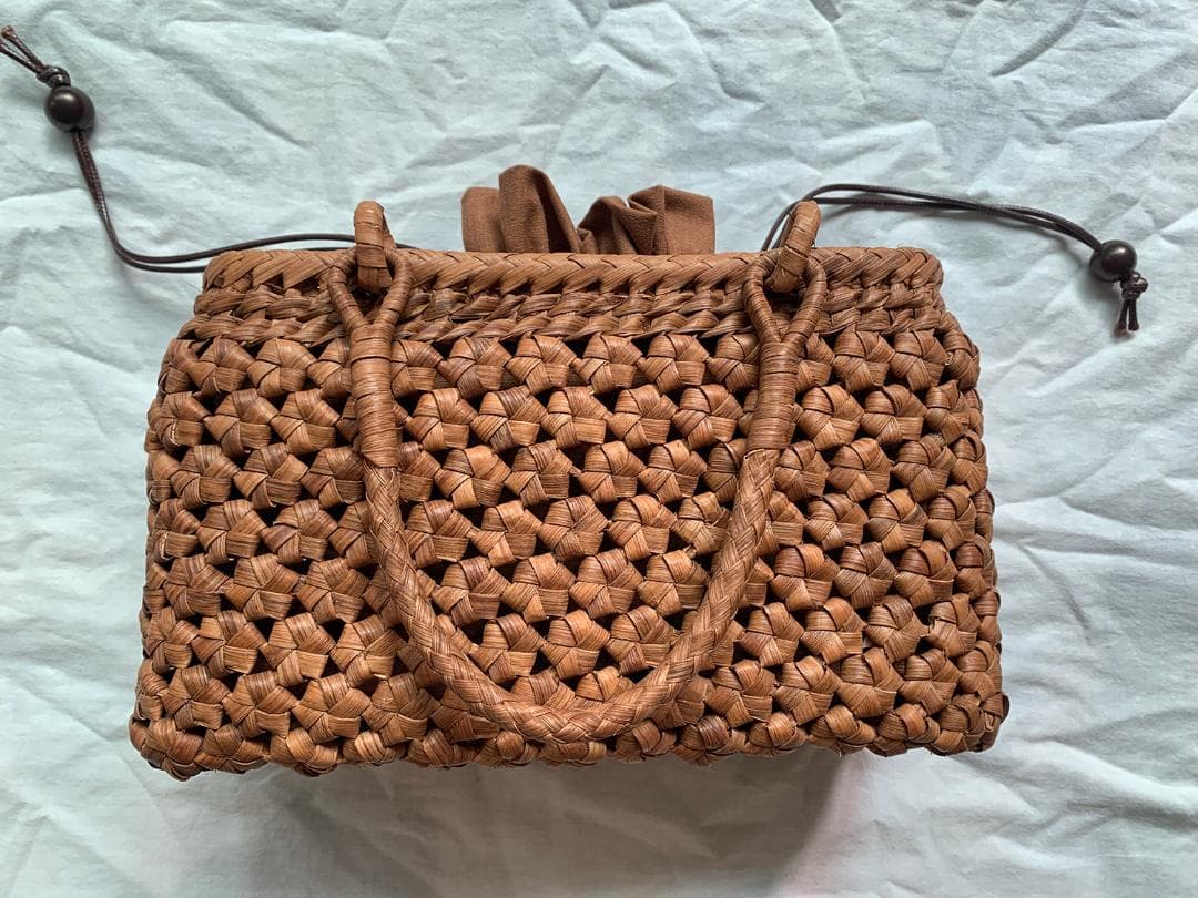 六角花結び編み 山葡萄 かごバッグ 職人手編み 手提げ 内布付き