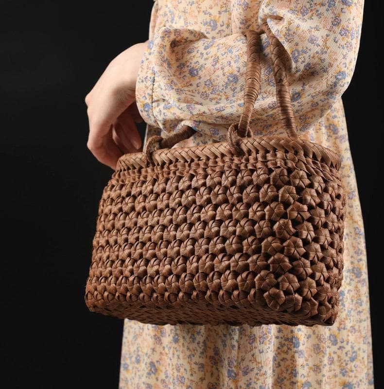 六角花結び編み 山葡萄 かごバッグ 職人手編み 手提げ 内布付き