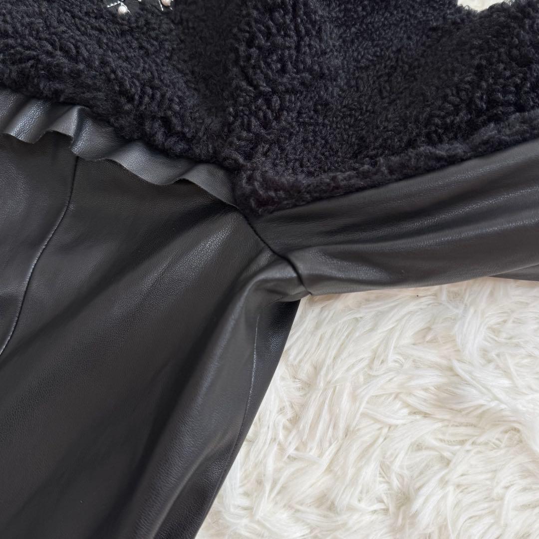 mimi様スーパービューティー ボア×フェイクレザー ビジュー ジャケット 44