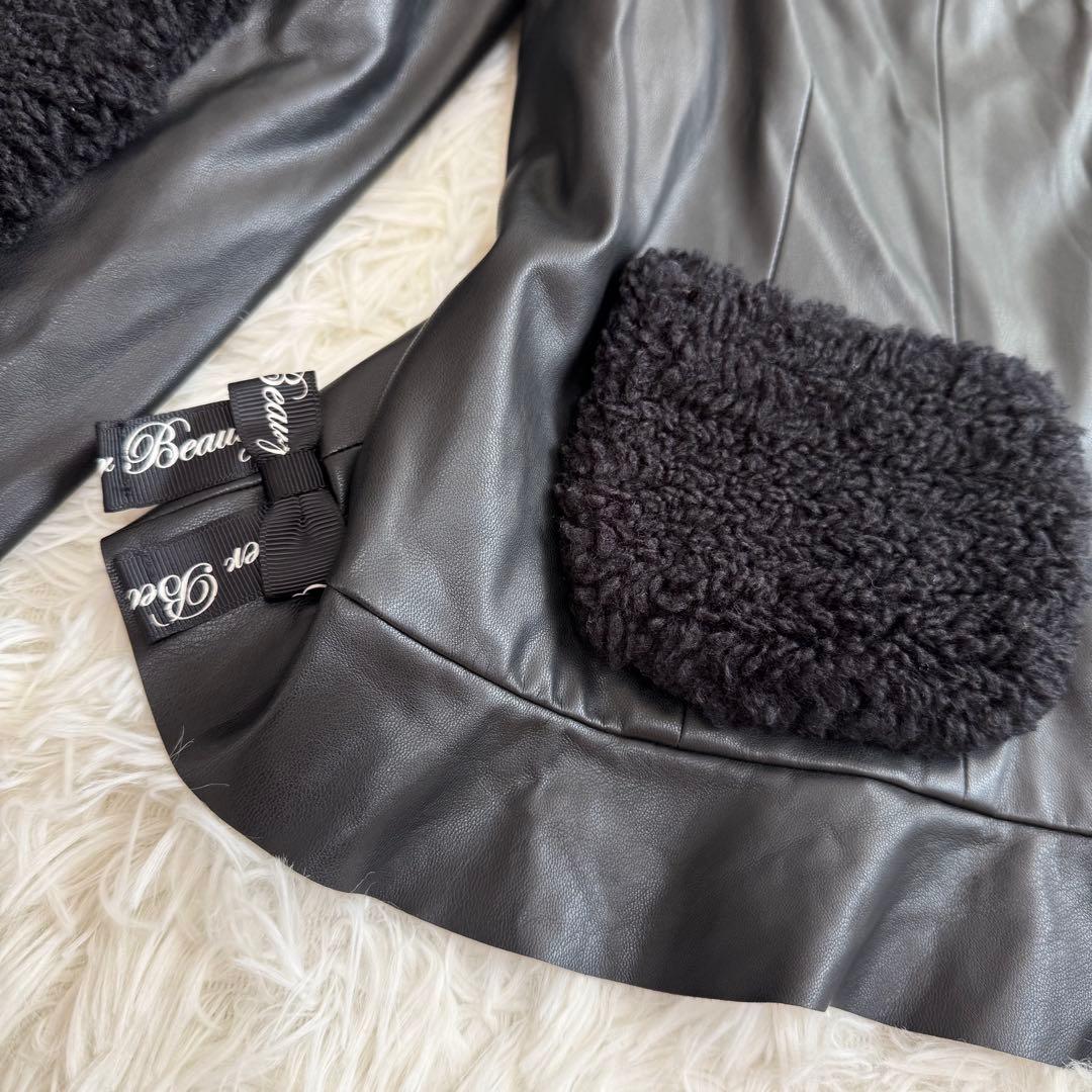 mimi様スーパービューティー ボア×フェイクレザー ビジュー ジャケット 44