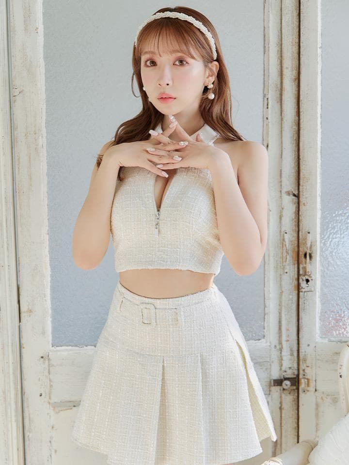 【Mサイズ】ローブドフルール 襟付き ホルター ジッパー ツイード セットアップ