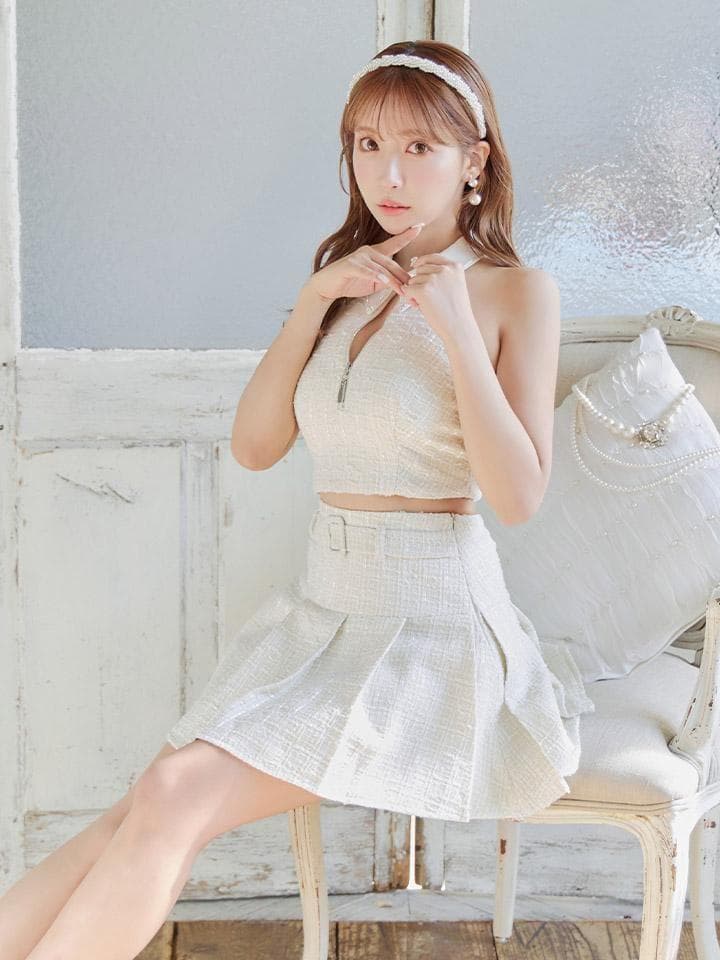 【Mサイズ】ローブドフルール 襟付き ホルター ジッパー ツイード セットアップ