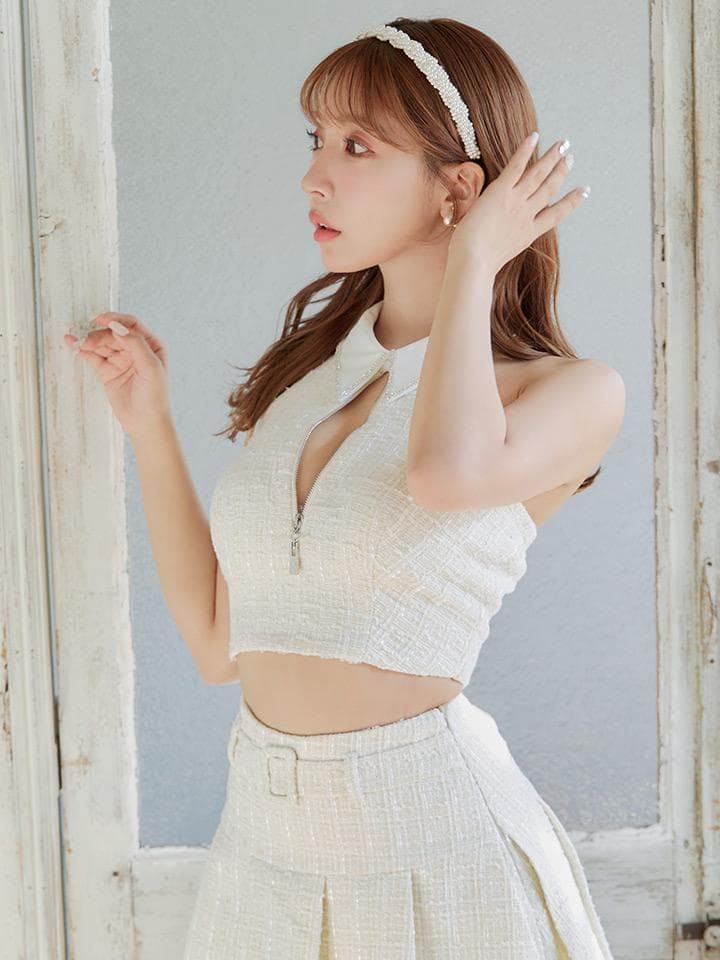 【Mサイズ】ローブドフルール 襟付き ホルター ジッパー ツイード セットアップ