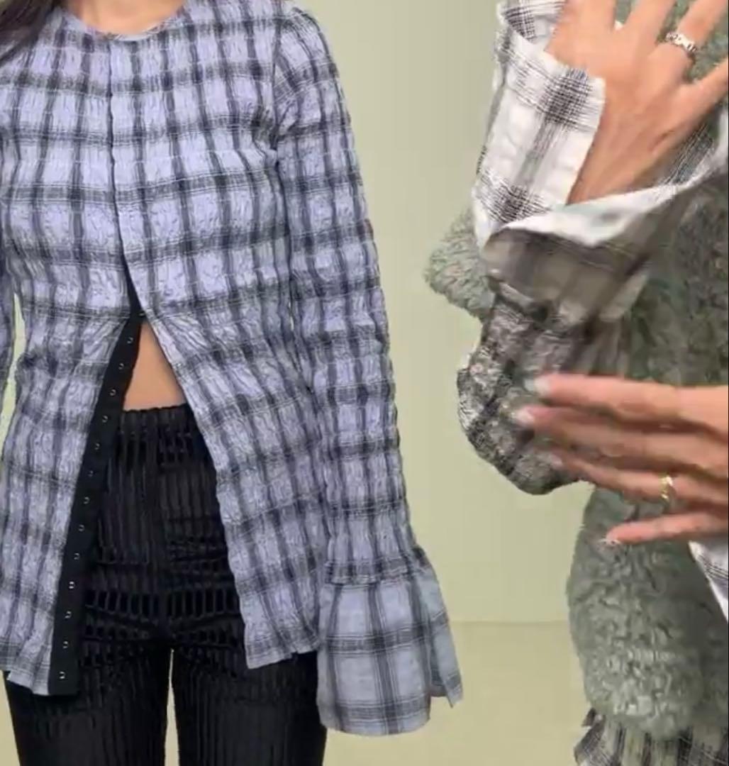 【EN NEUME】Smocked Check Blouse ブルー