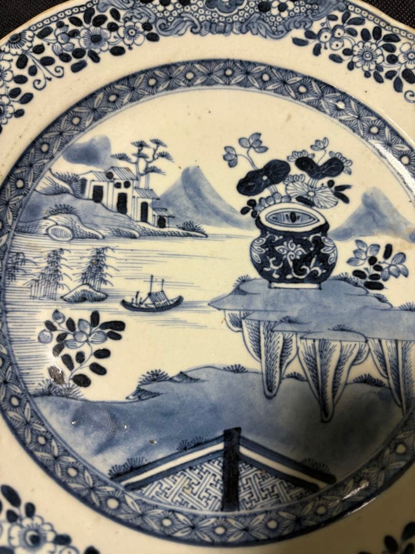 中国古美術 清の乾隆時代 青花　山水風景　大皿25cm　染付