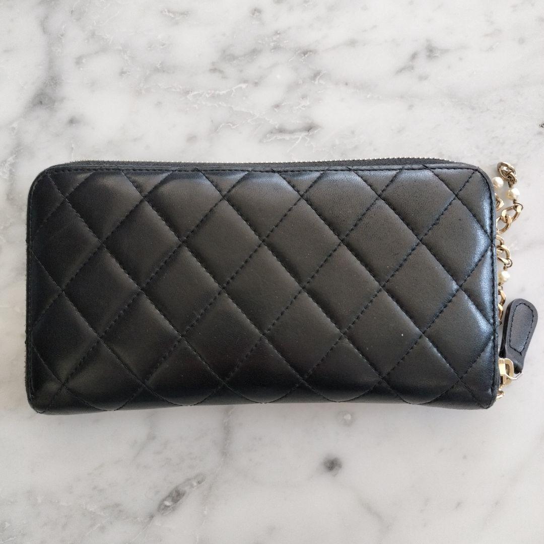 CHANEL マトラッセ ラウンドファスナー長財布 ブラック パールココ