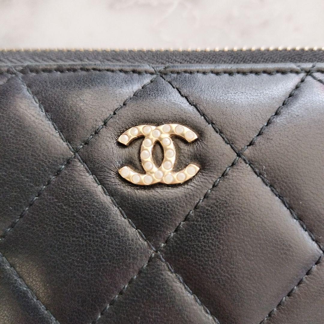 CHANEL マトラッセ ラウンドファスナー長財布 ブラック パールココ
