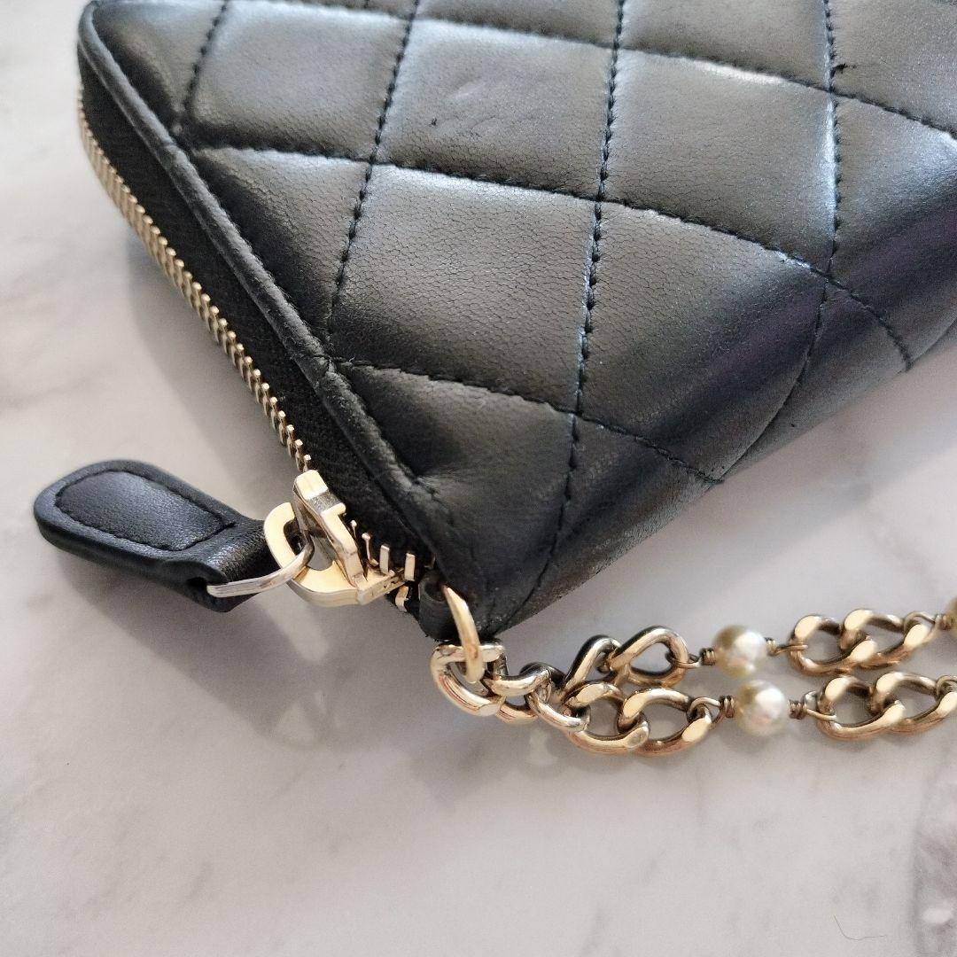 CHANEL マトラッセ ラウンドファスナー長財布 ブラック パールココ