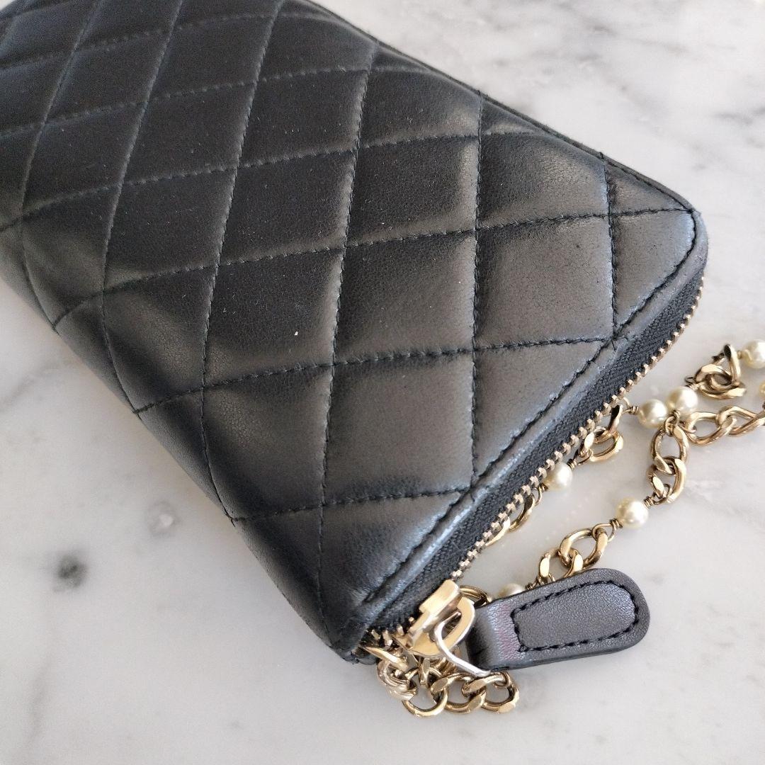 CHANEL マトラッセ ラウンドファスナー長財布 ブラック パールココ