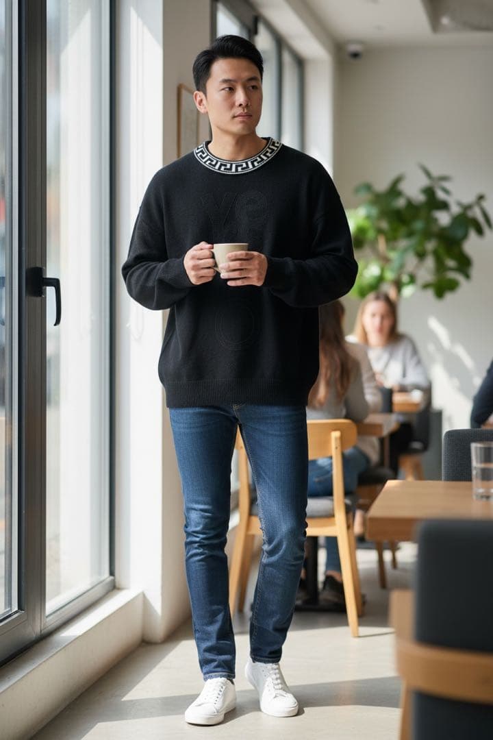 ズ*ー様 Versace 黒 ニットセーター ロゴ入りメドゥーサー刺繍 イタリア