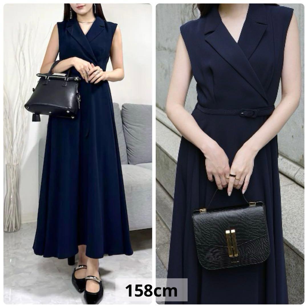 【anuans】25SS ダブルサテンテーラードフレアワンピース　ネイビー　春服