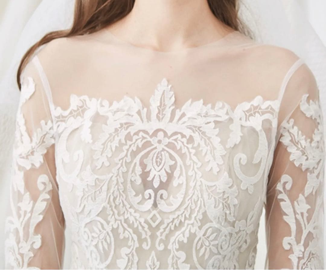 前撮り　二次会ドレス　長袖　レース刺繍