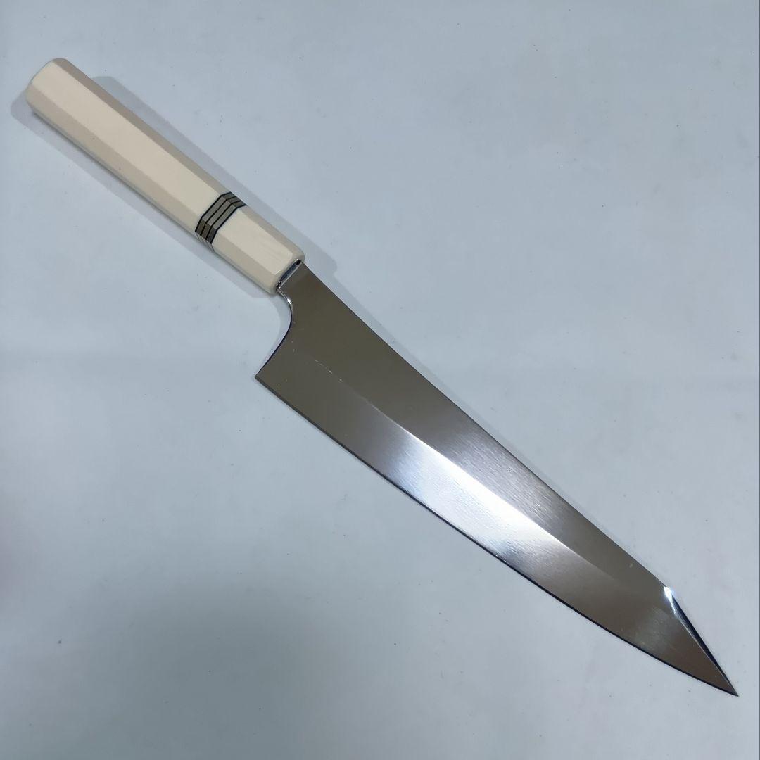 ステン本焼V金10号切付牛刀包丁24cm右片刃 鏡面 人工象牙八角柄