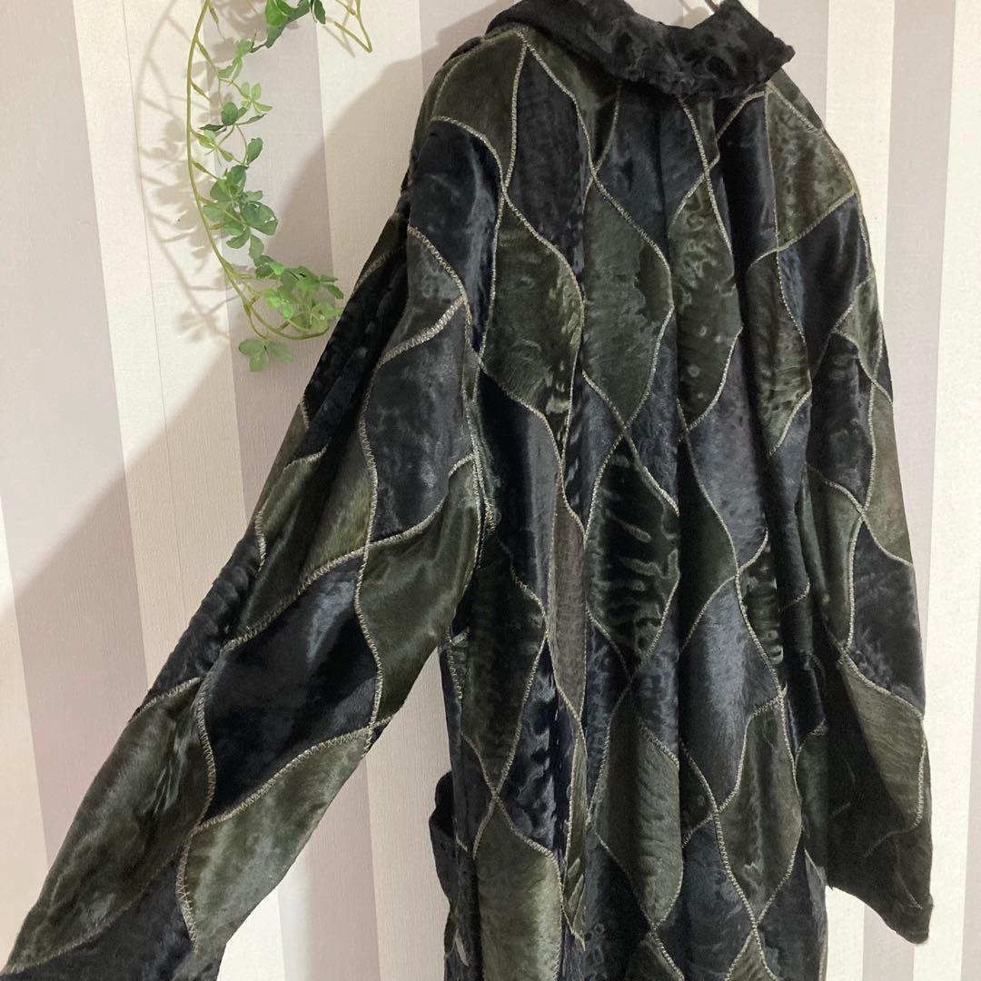 リンナネン【L】高級ファーコート◎ブラック　異素材のダイヤ柄　ロシアンカラクール