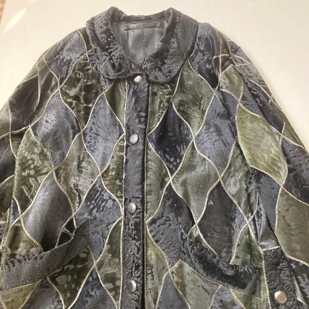 リンナネン【L】高級ファーコート◎ブラック　異素材のダイヤ柄　ロシアンカラクール