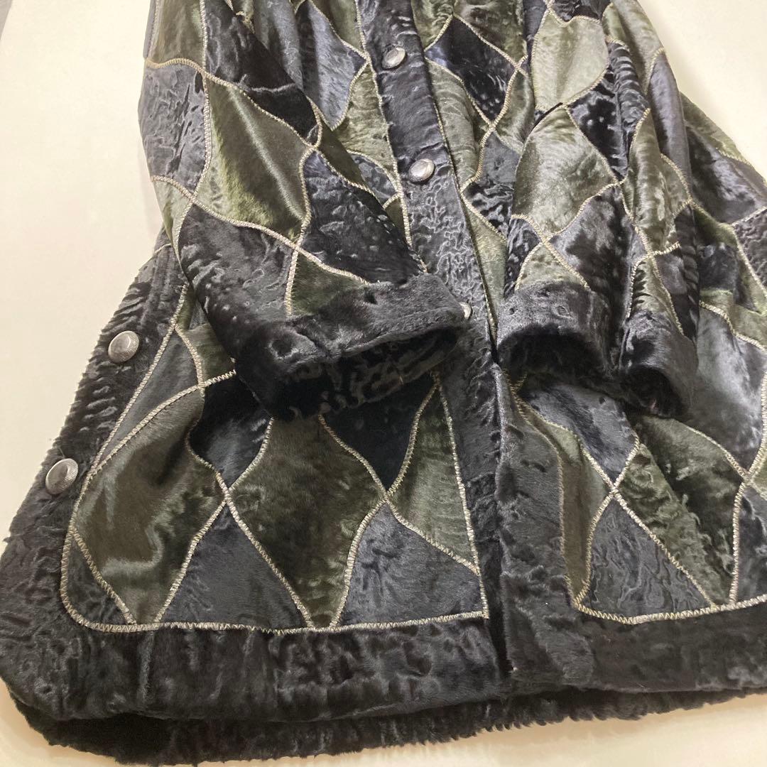 リンナネン【L】高級ファーコート◎ブラック　異素材のダイヤ柄　ロシアンカラクール