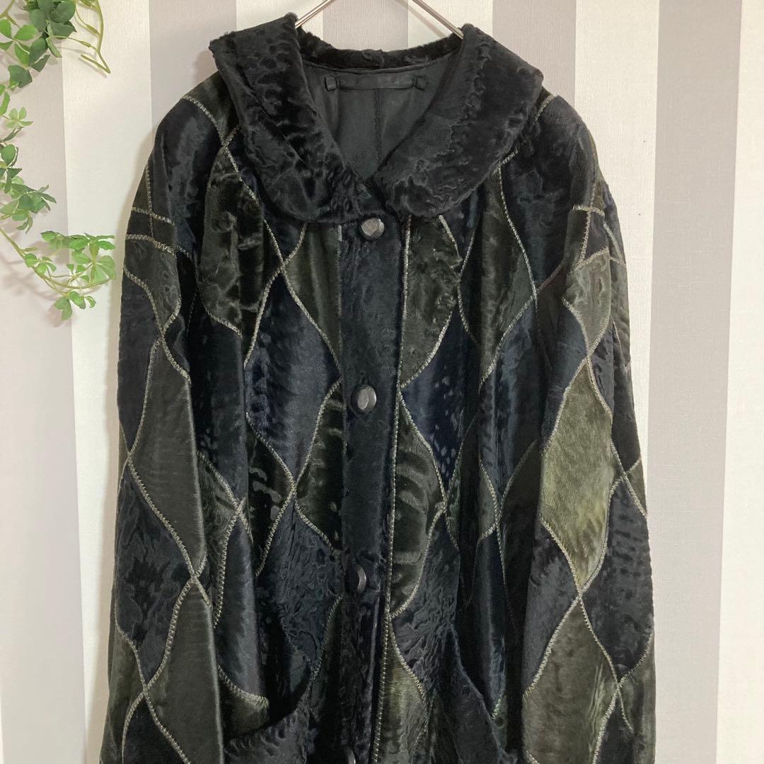 リンナネン【L】高級ファーコート◎ブラック　異素材のダイヤ柄　ロシアンカラクール