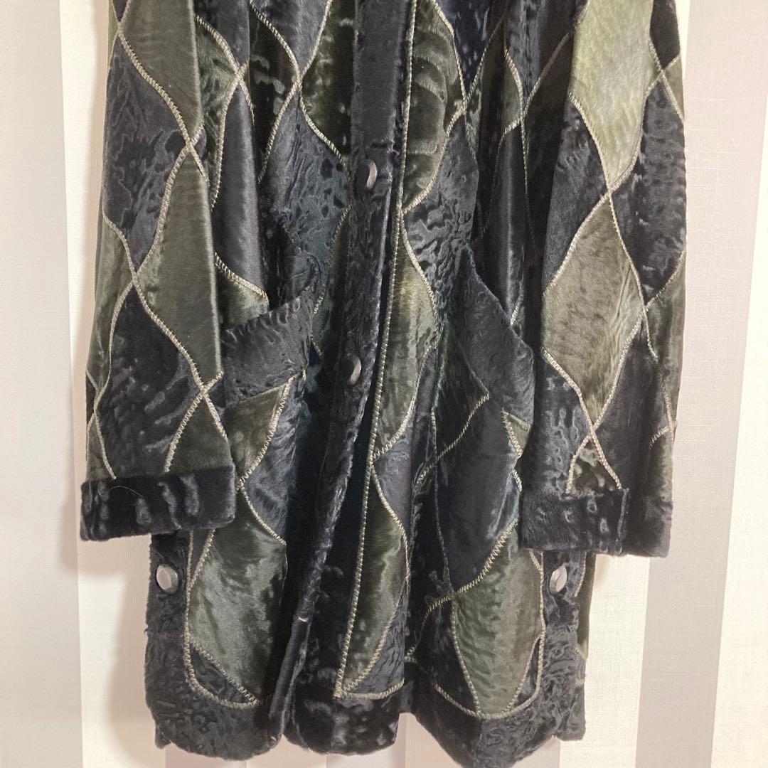 リンナネン【L】高級ファーコート◎ブラック　異素材のダイヤ柄　ロシアンカラクール