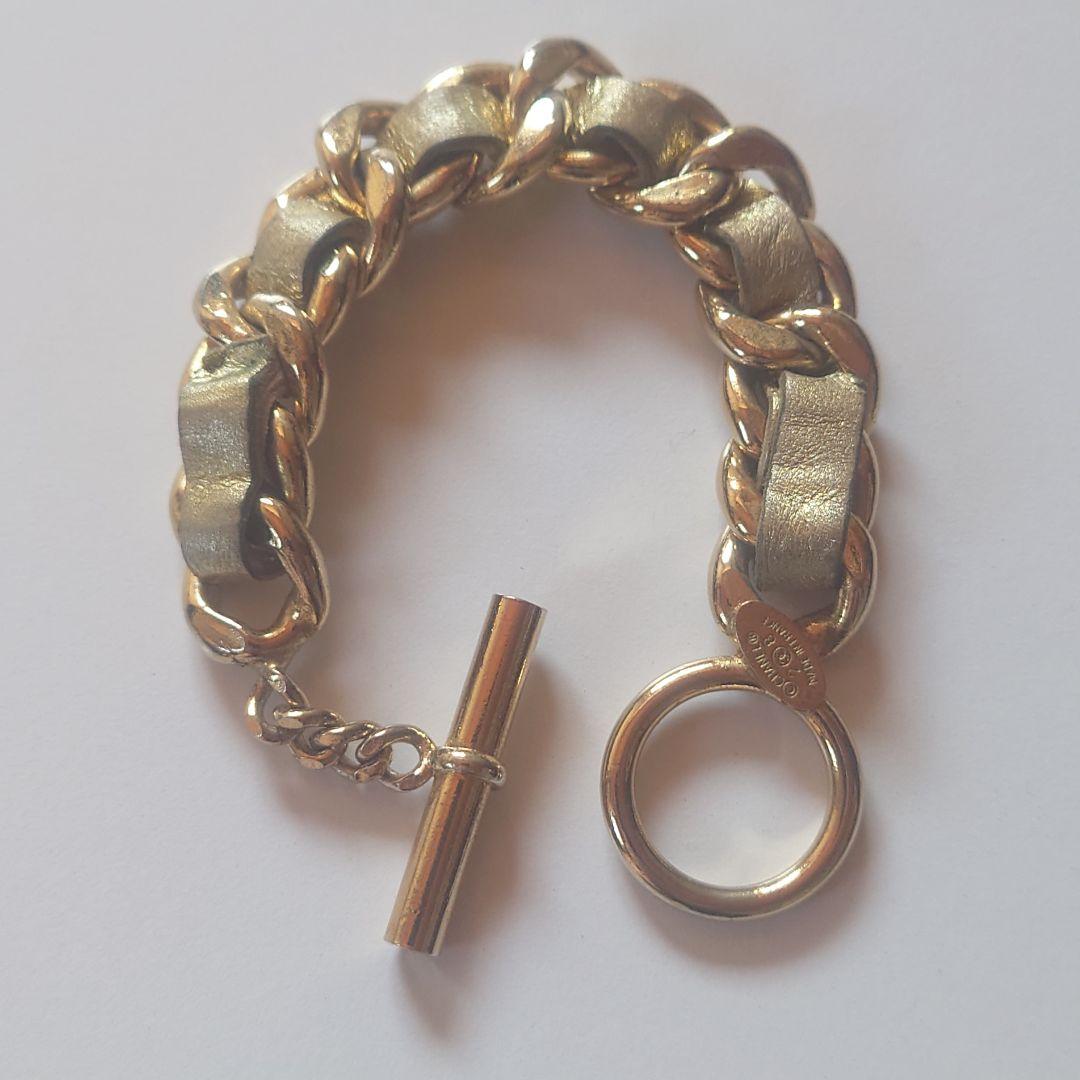 シャネル バングル チェーン Tバー 28 喜平 革 ゴールド 金具 リング