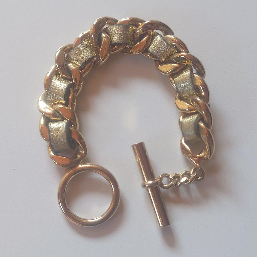 シャネル バングル チェーン Tバー 28 喜平 革 ゴールド 金具 リング