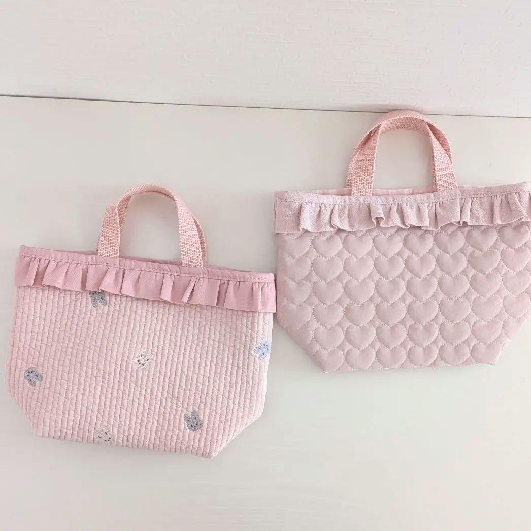 図書袋ショルダー　うさぎ刺繍ヌビ　通園バック　お弁当トートバッグ　お弁当袋