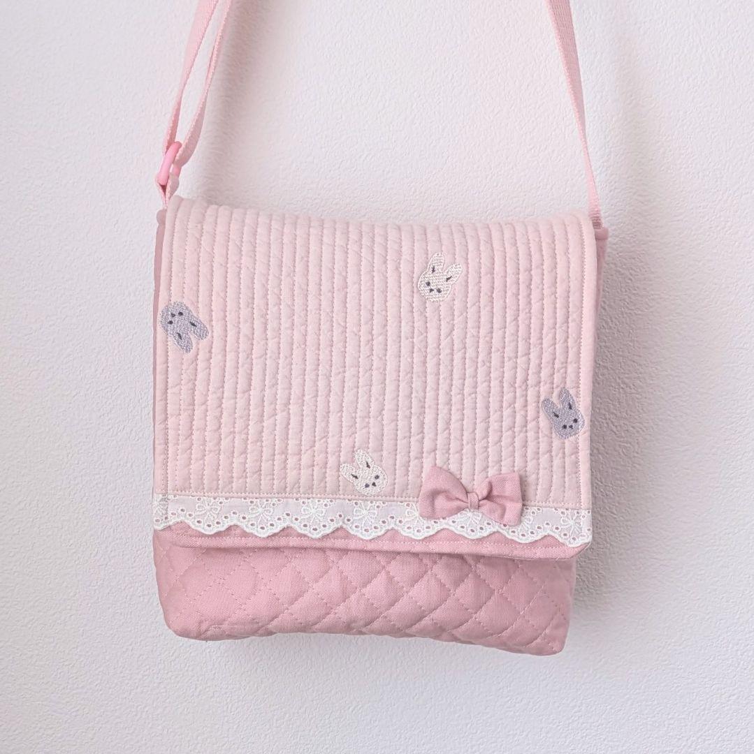図書袋ショルダー　うさぎ刺繍ヌビ　通園バック　お弁当トートバッグ　お弁当袋