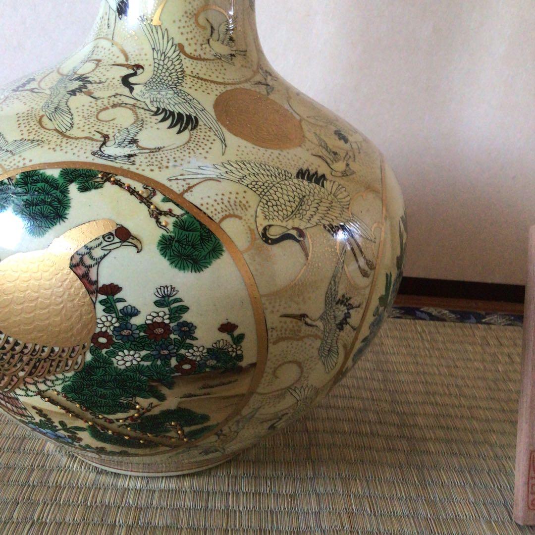薩摩焼 白薩摩金欄手染錦群鶴花鳥図花瓶 飾壷　骨董