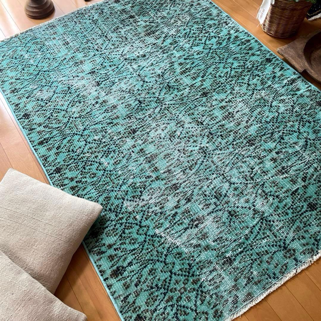 110×150 ボタニカル　ターコイズオーバーダイ　トルコヴィンテージラグ