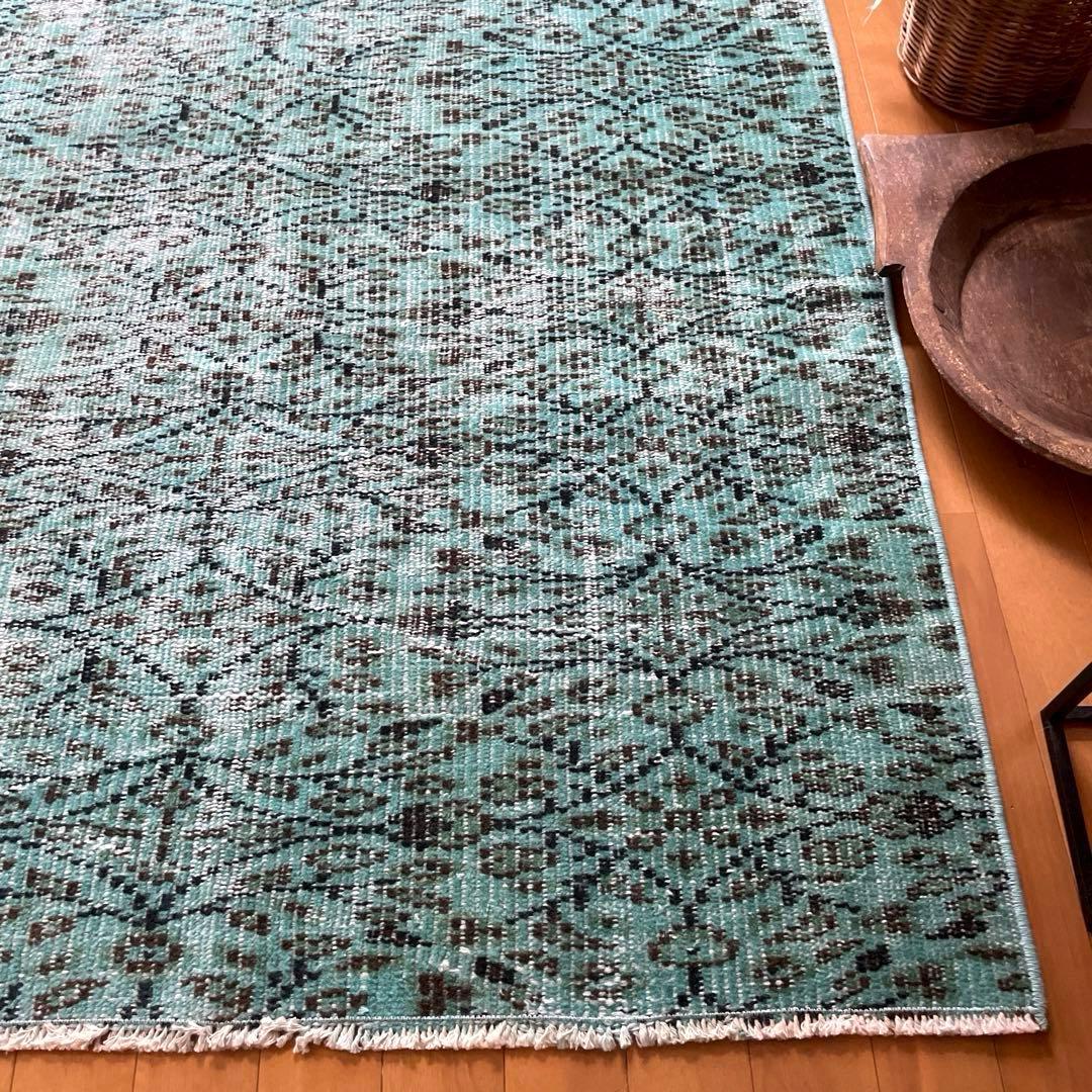 110×150 ボタニカル　ターコイズオーバーダイ　トルコヴィンテージラグ