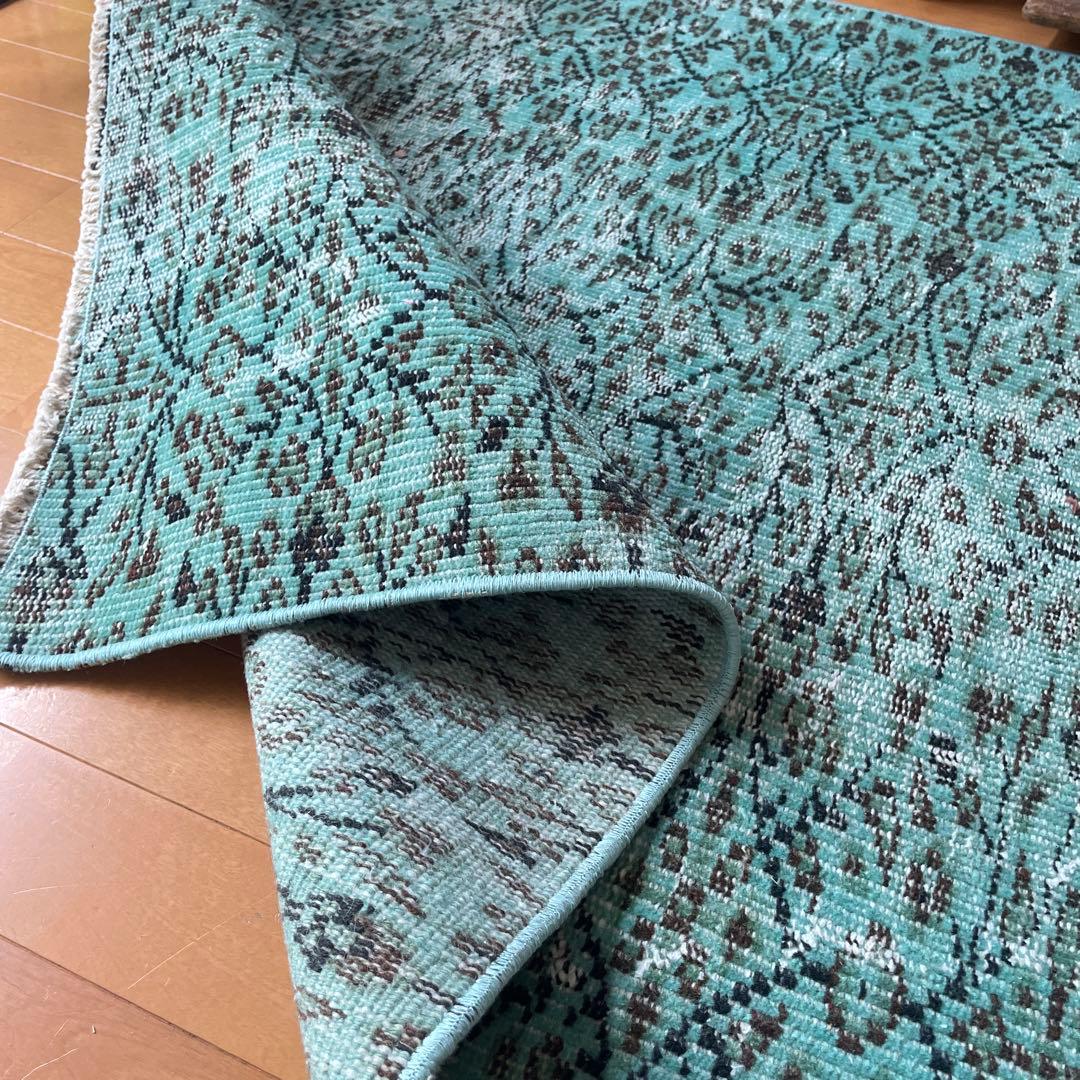 110×150 ボタニカル　ターコイズオーバーダイ　トルコヴィンテージラグ