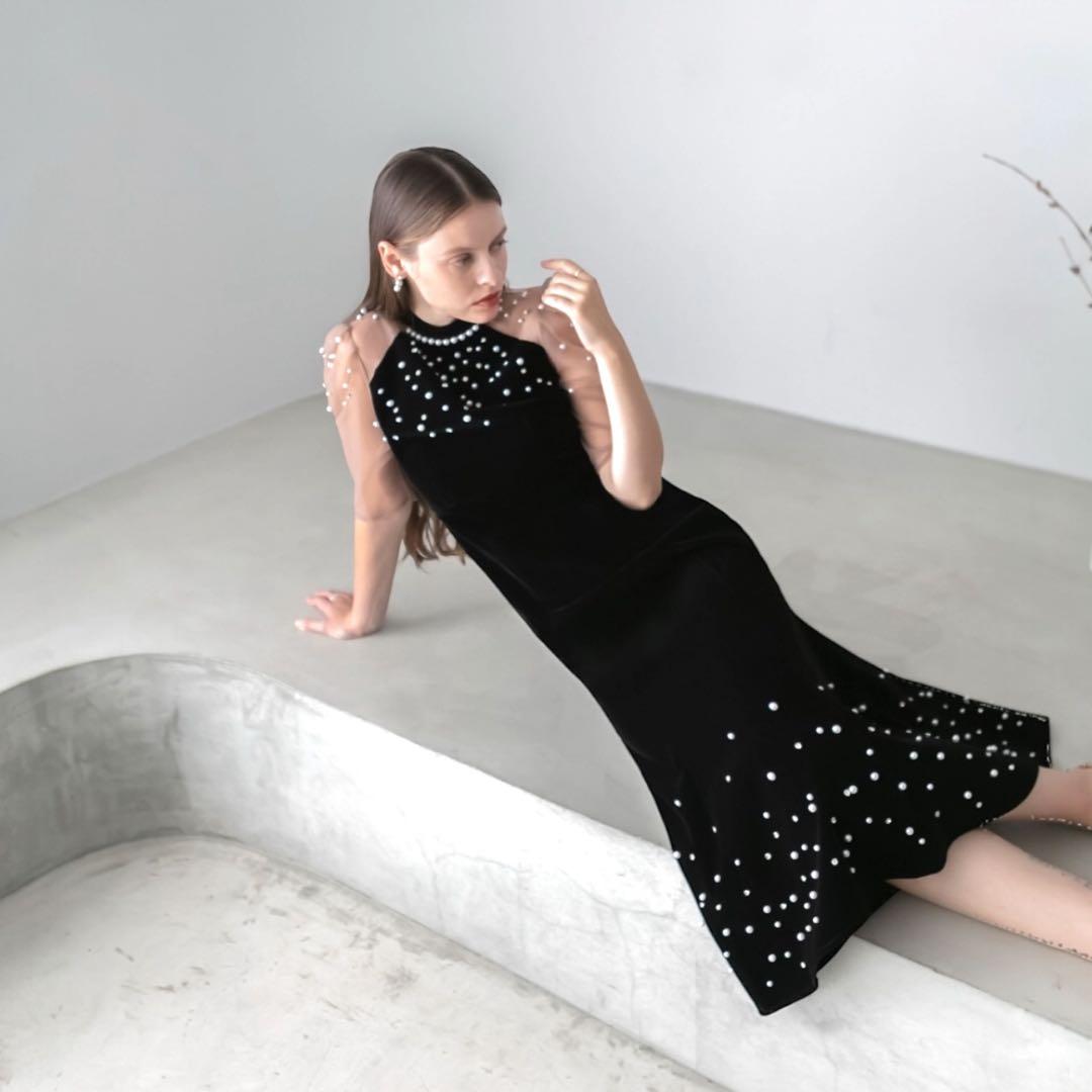 【LEJA】シアースリーブパールビジューベロアマーメイドドレス ワンピース S