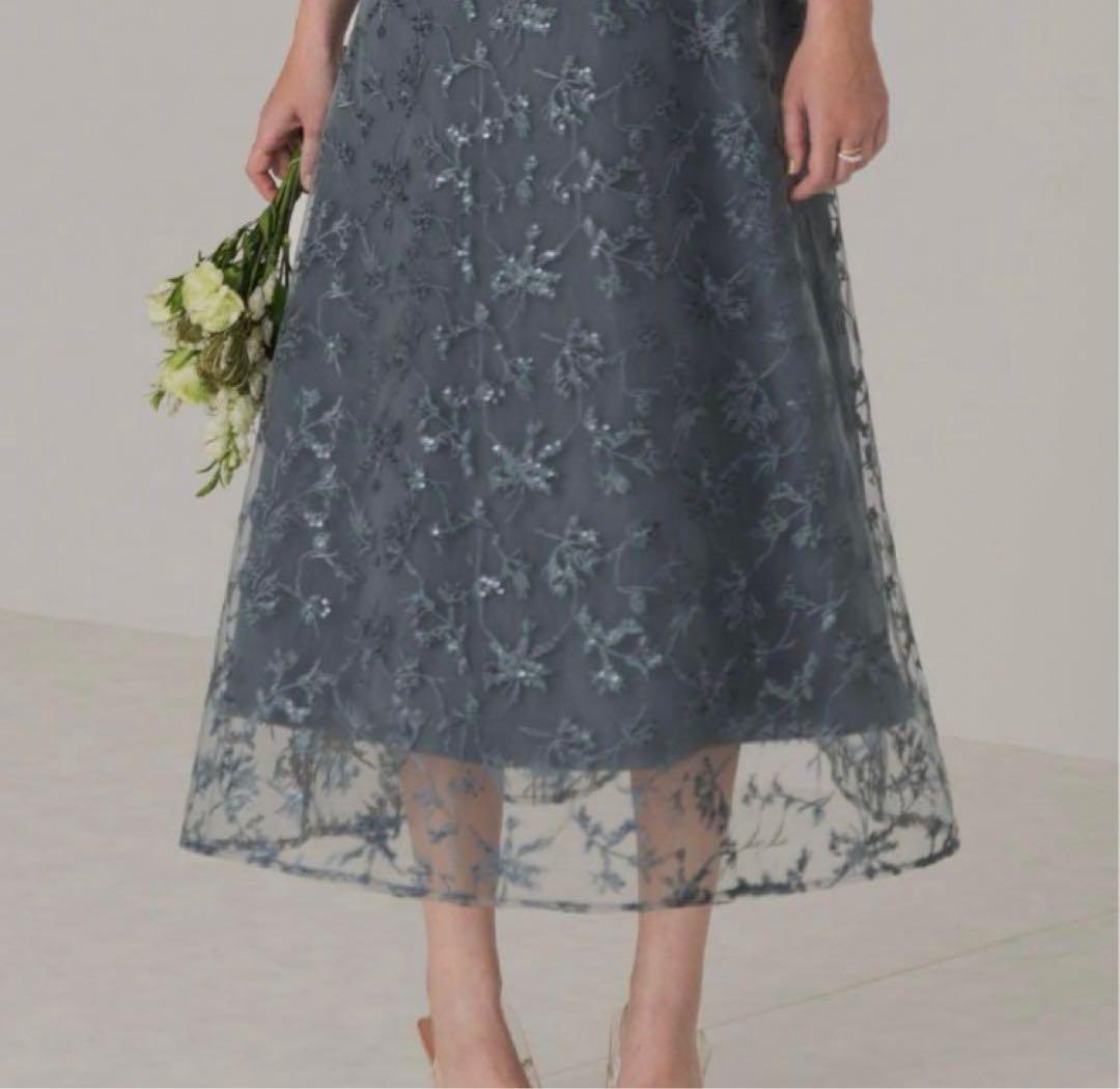 Leja花柄レーススパンコールワンピースドレス　刺繍入りグレー　ブルー　ドレス