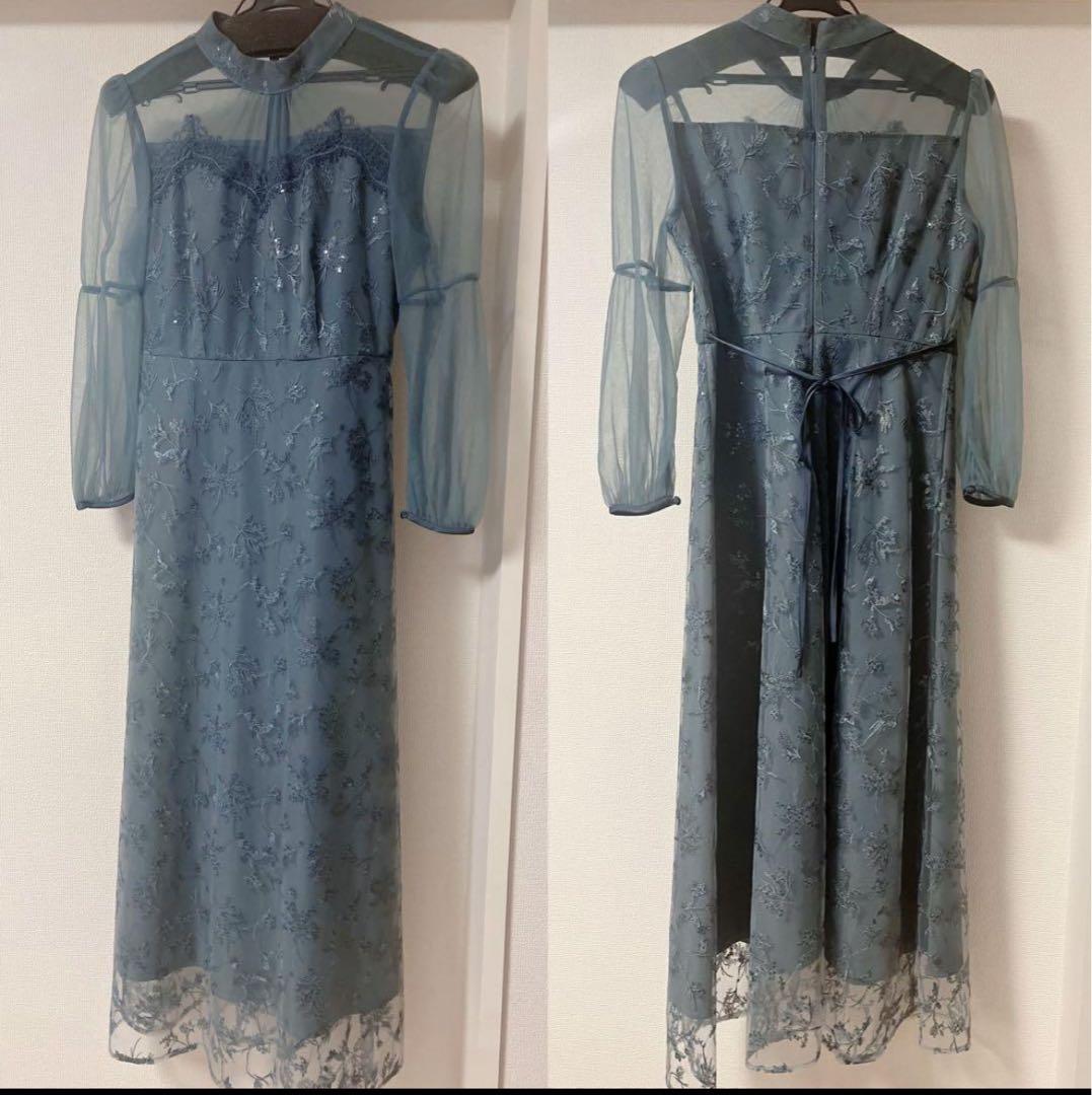Leja花柄レーススパンコールワンピースドレス　刺繍入りグレー　ブルー　ドレス