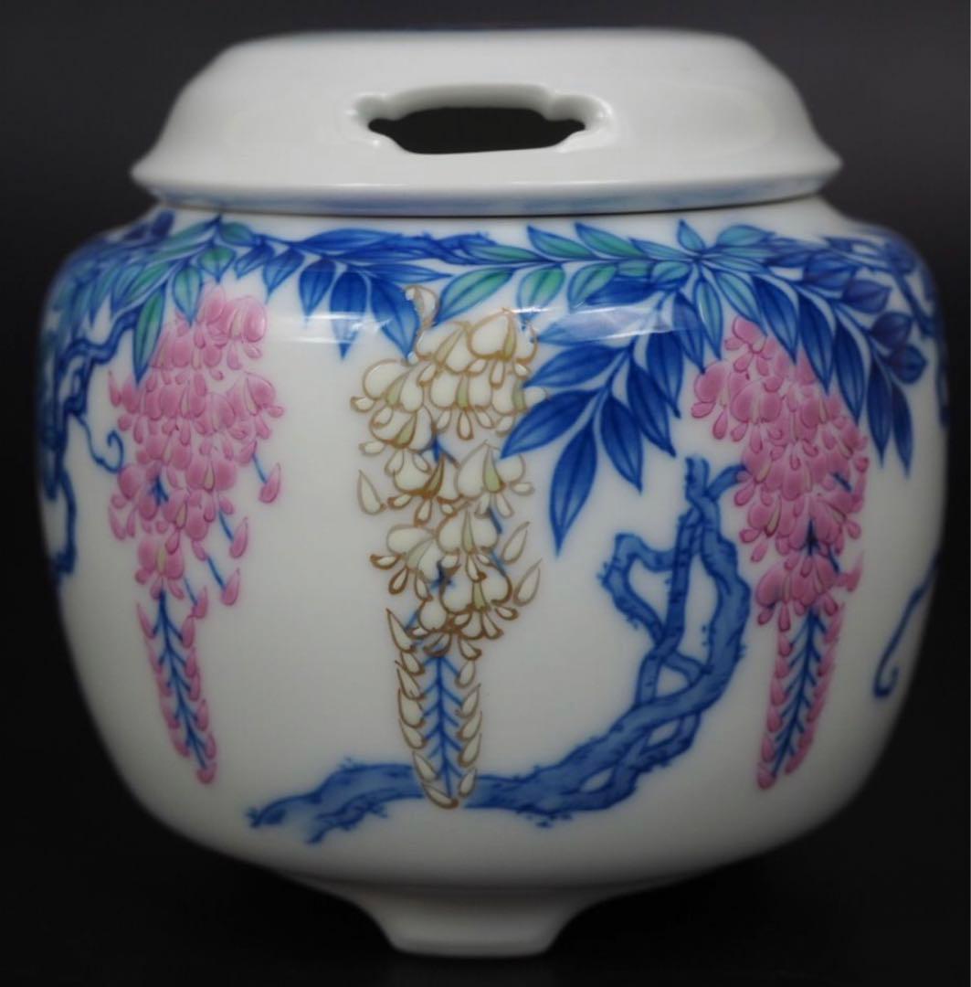 送料無料　香蘭社磁芸工房謹製　高級総手書き染錦模様香炉　共箱・黄布　未使用