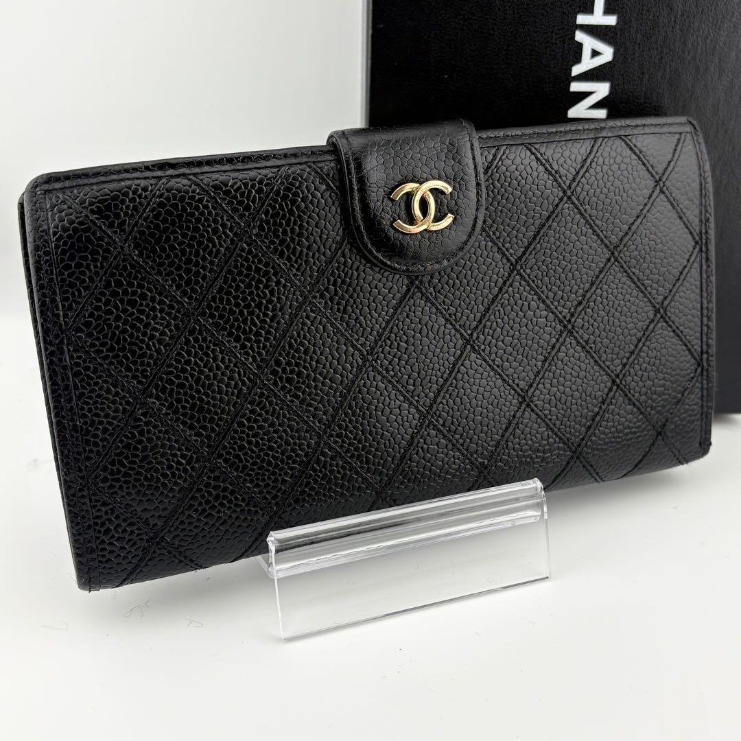 【良品✨】シャネル ビコローレ キャビアスキン がま口 長財布 ブラック 4番台