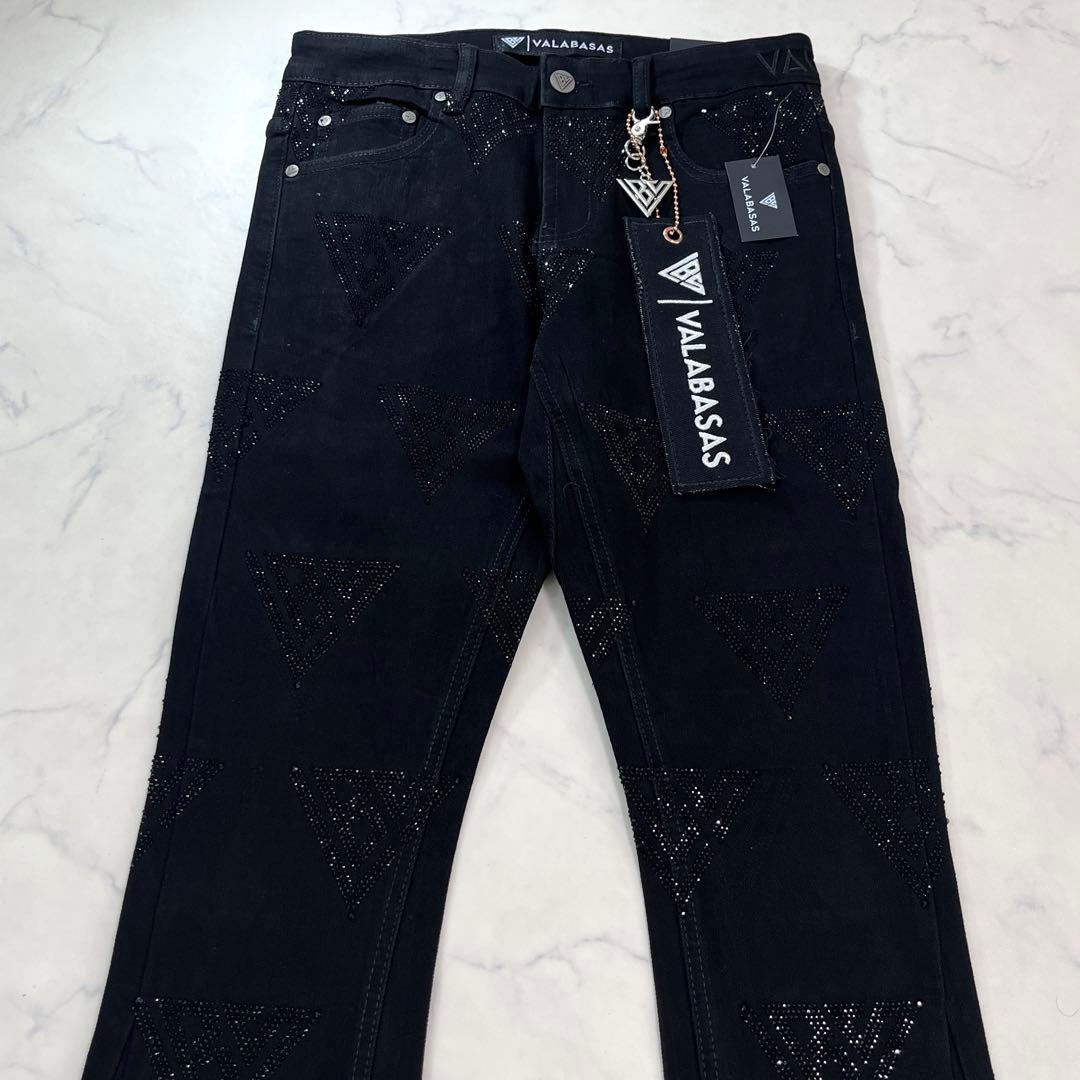 新品バラバサスvalabasas ラインストーンスキニーフレアデニム ブラックM